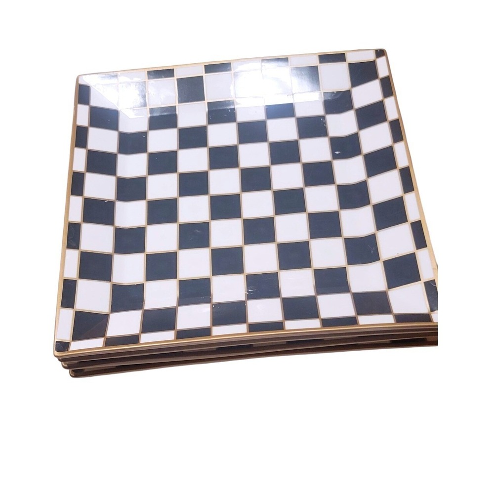 Porlien Steve & Won Black White Checkered Gold Trim Square Plates Set of 8 8in